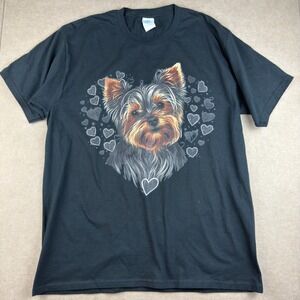 Yorkie Dog Shirt Mens L Black Graphic Tee Hearts Puppy Art Port & Company Cotton